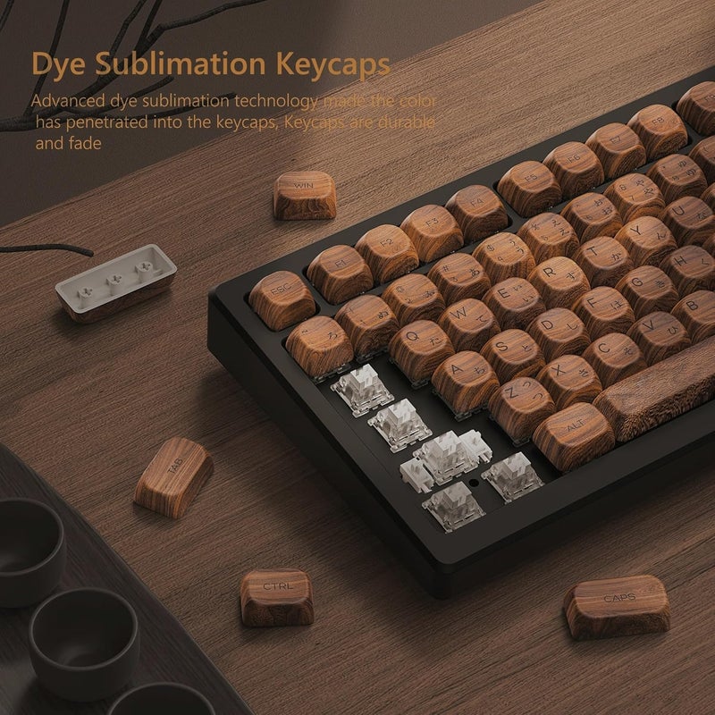 Womier PBT Keycaps - MOA Keycaps for Mechanical Keyboard 60 65 75 Percent, Wood Dye-Sublimation Japanese Custom Keyboard Key Cap Set for Cherry MX, Walnut - Image 2